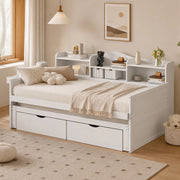 DESMIU Divano letto 90 × 200 cm 1 posto con cassetti, vano, cestino e presa USB, senza materasso, legno, bianco