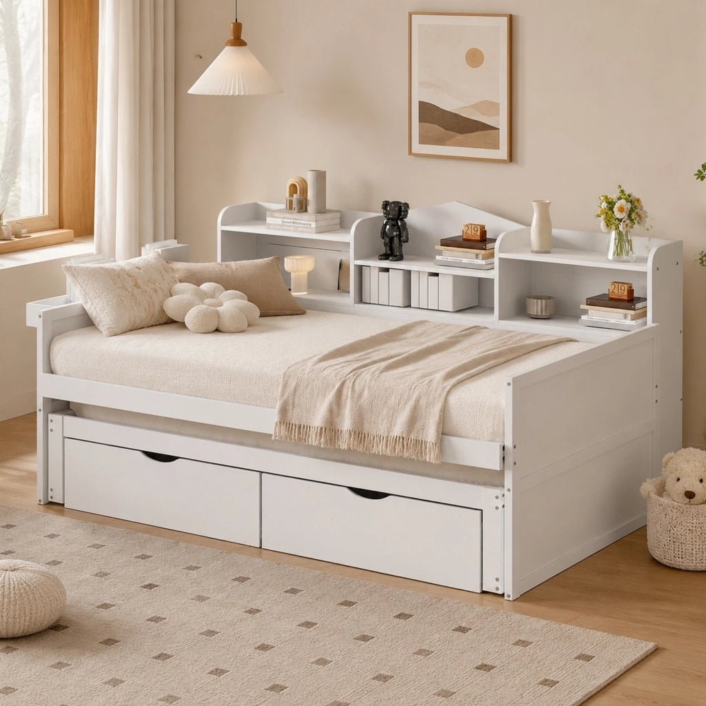 DESMIU Divano letto 90 × 200 cm 1 posto con cassetti, vano, cestino e presa USB, senza materasso, legno, bianco