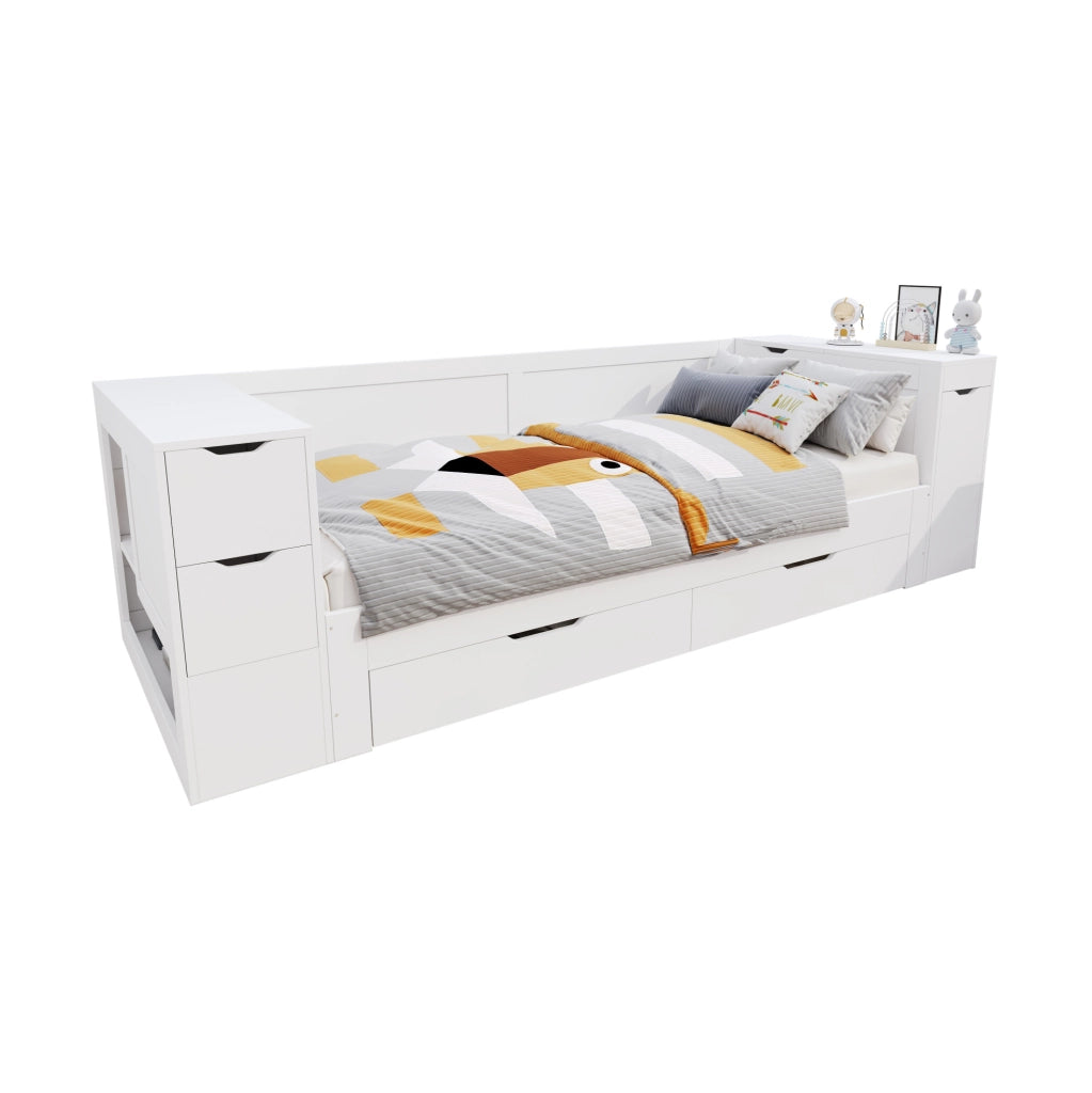 Letto bambini multifunzione 90x200 cm in MDF bianco con cassetti; ripiani e comodino