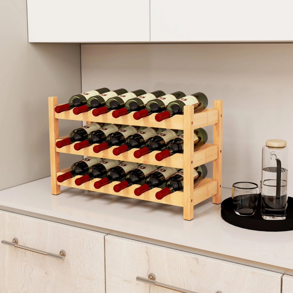 Portabottiglie di vino a 3 ripiani in bamb¨´-Supporto per 18 bottiglie da tavolo con fessura a onda per cucina Naturale