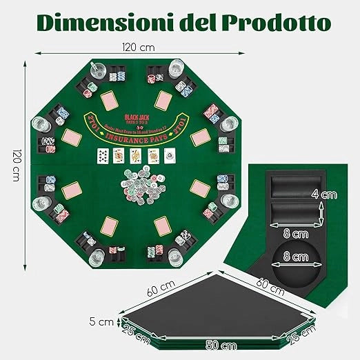 Tappetino da Poker Pieghevole 120 cm, Portatile con Borsa Portabicchieri e Vassoi per Fiches, Tappeto da Poker Antiscivolo, Verde