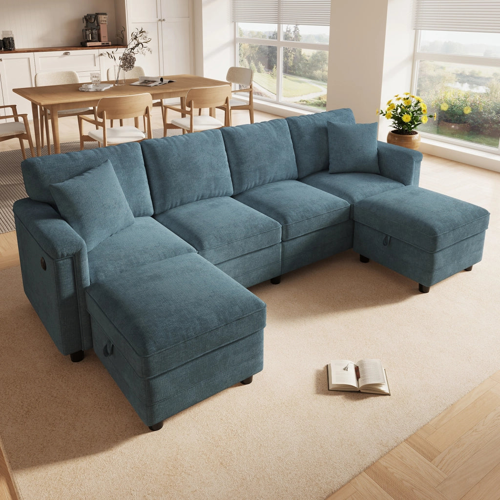 Divano modulare blu in ciniglia 261x134x82 cm con pouf contenitore; USB e Type-C