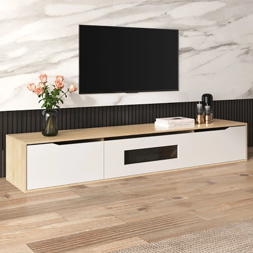 Armadio TV con illuminazione LED a colori - Xylo - Bianco lucido e colore legno