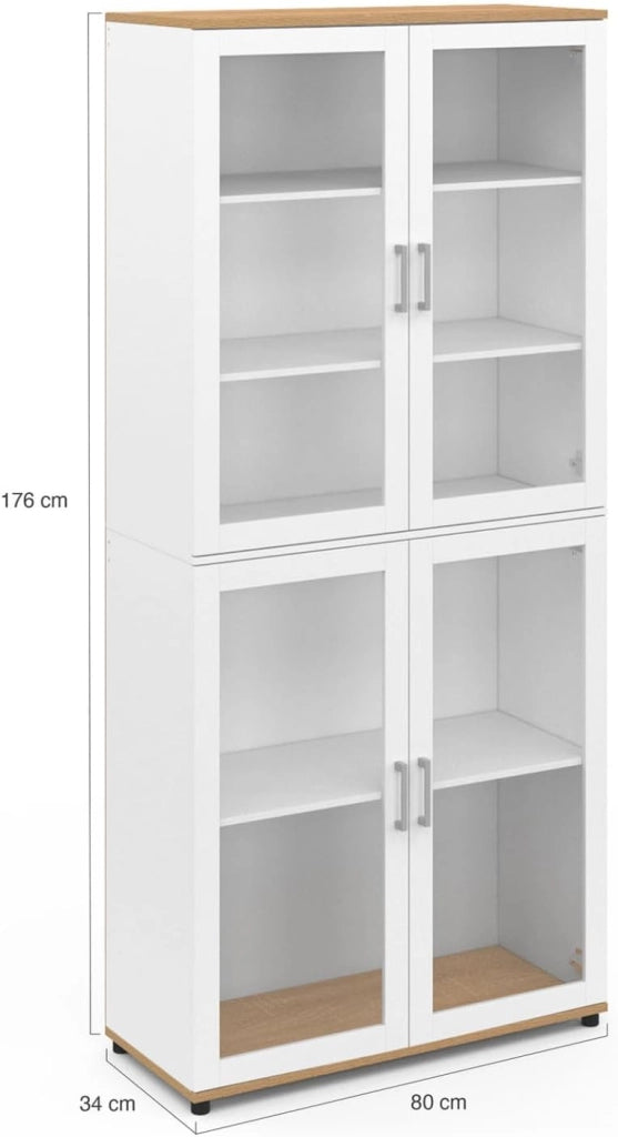 VITO Vitrina de 4 puertas de cristal blanco y efecto haya
