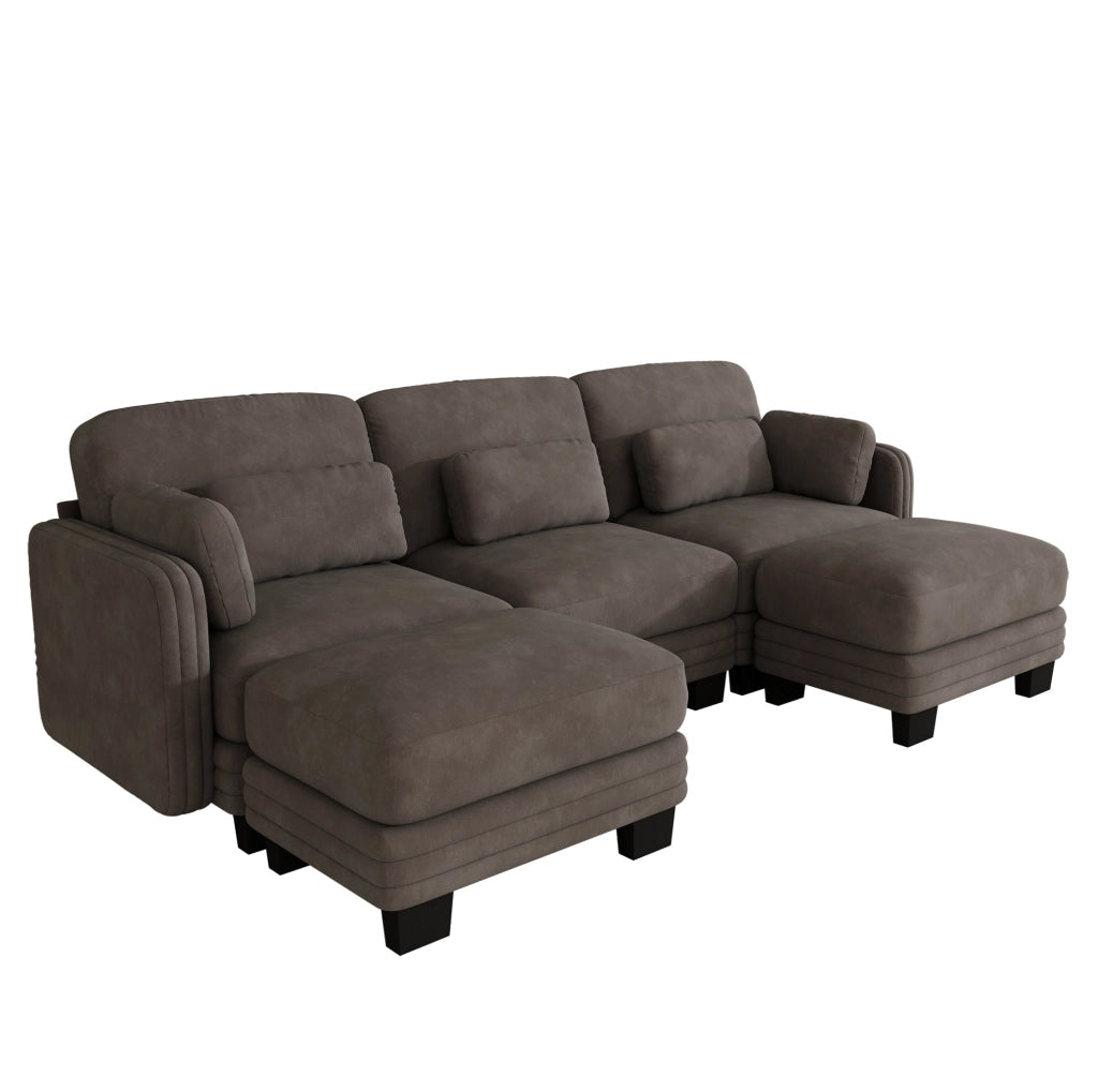 Divano modulare 253x143x88 cm in chenille con pouf e cuscini mobili; marrone