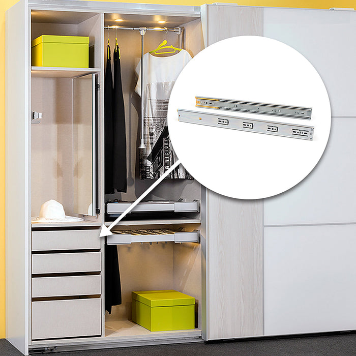 Guide a Sfere per Cassetti con Estrazione Totale e Chiusura Soft H45 mm L500 Bianco Acciaio Emuca