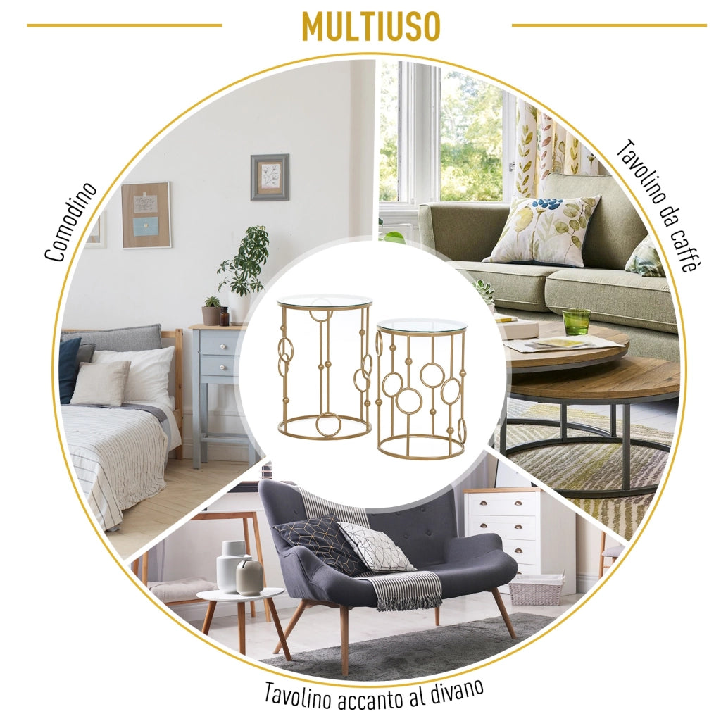 EasyComfort Set 2 Pezzi Tavolini da Caffè Design Elegante con Motivi a Cerchio, Metallo e Vetro Temperato Φ41x57cm & Φ36x51cm, Oro