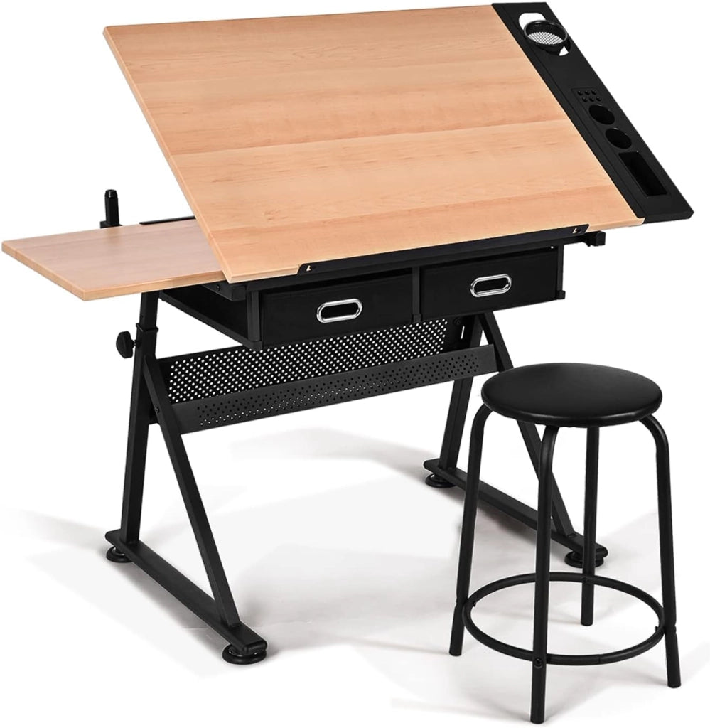 Tavolo da Disegno con Sgabello, Tavolo Architettonico Regolabile in Altezza e Inclinabile, Scrivania Tavolo da Lavoro con Cassetti e Doppie Superfici di Lavoro per Caratteri (Naturale)