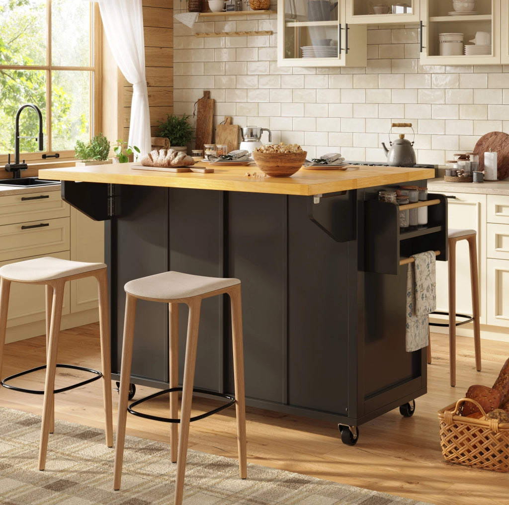 Isola da cucina mobile con piano estraibile e ruote, nera