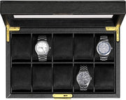 Cassa orologio in pelle di lupo con 10 compartimenti - cassa orologio in stile lussuoso, organizzatore per orologi, imbottitura ultra soffice in microsuede, contenitore per orologi con coperchio chiuso e vetrata superiore grande