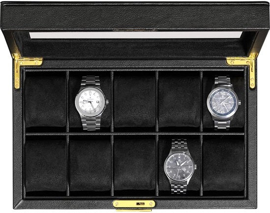 Cassa orologio in pelle di lupo con 10 compartimenti - cassa orologio in stile lussuoso, organizzatore per orologi, imbottitura ultra soffice in microsuede, contenitore per orologi con coperchio chiuso e vetrata superiore grande