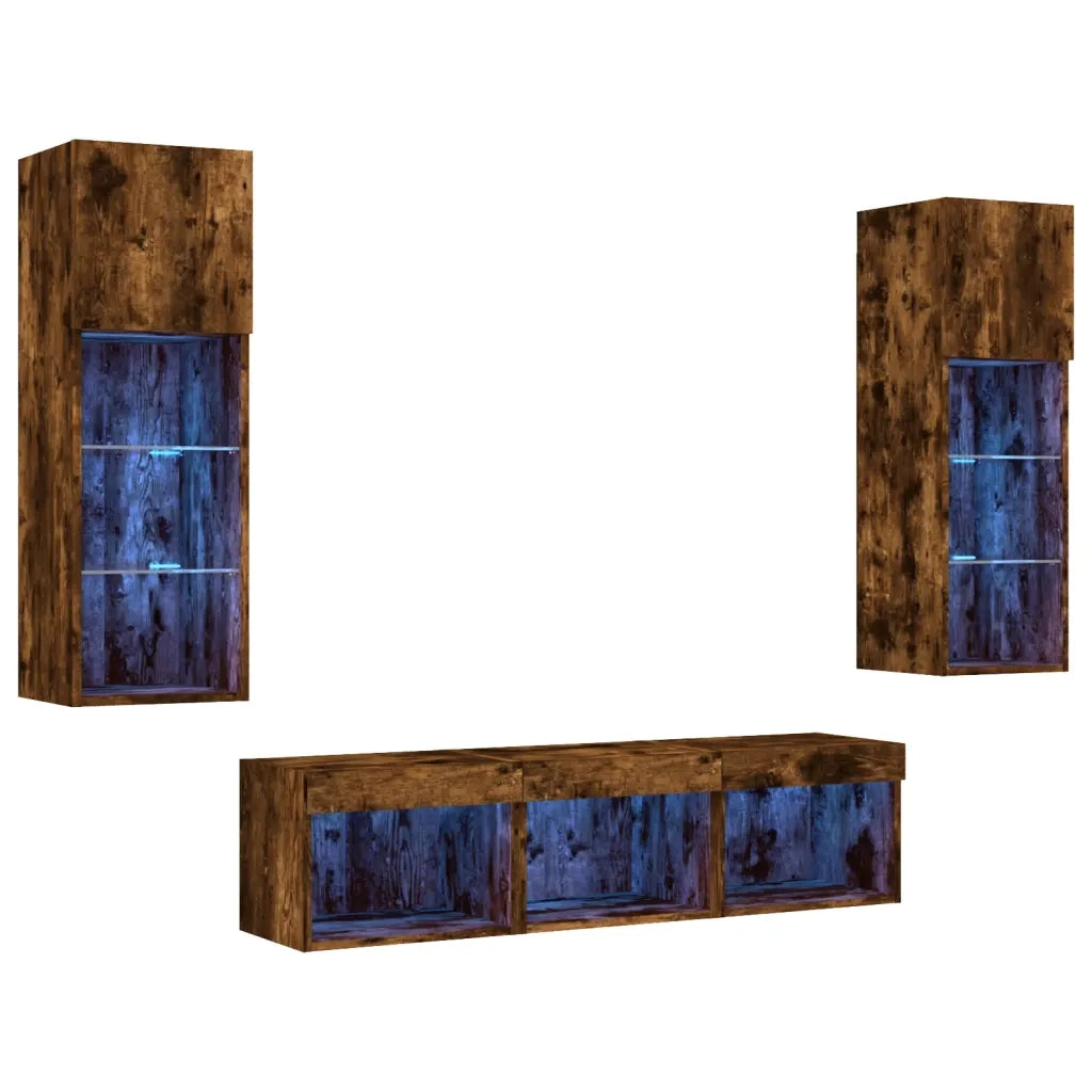 vidaXL Mobili TV a Muro con LED 5pz Rovere Fumo in Legno Multistrato