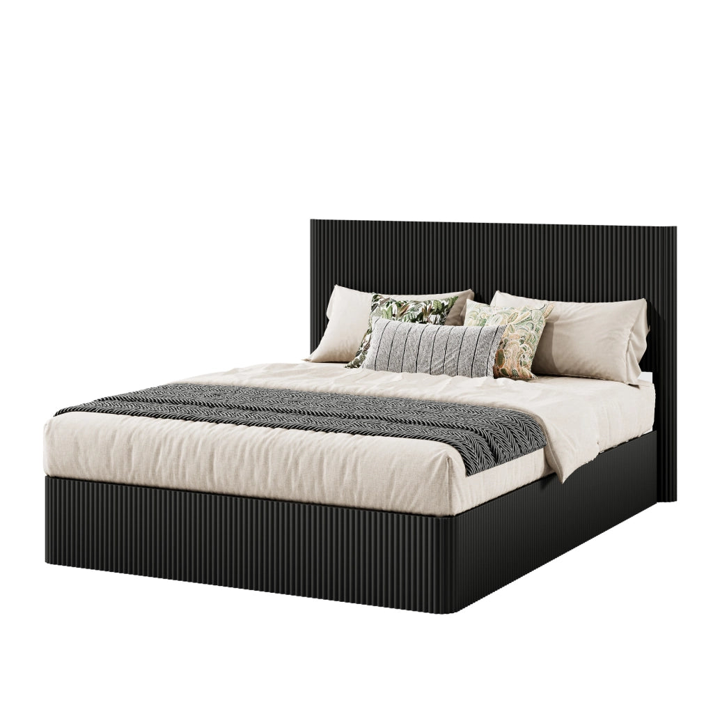 Letto con contenitore 160x200 cm con sollevamento idraulico in MDF e metallo nero