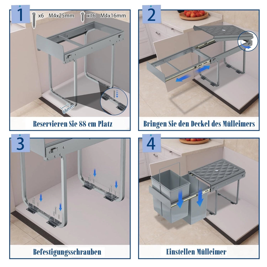 Pattumiera per cucina, 2 scomparti, estensibile, per cucina, armadio inferiore con guide telescopiche, sistema di separazione dei rifiuti, grigio, 1 x 20 L + 1 x 10 L