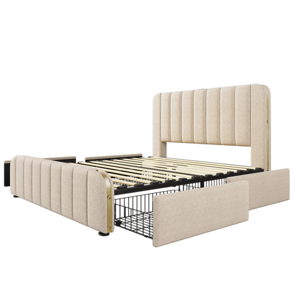 Letto matrimoniale 140x190 cm; testiera con ricarica USB e Type-C; lino e legno; beige (Senza materasso)