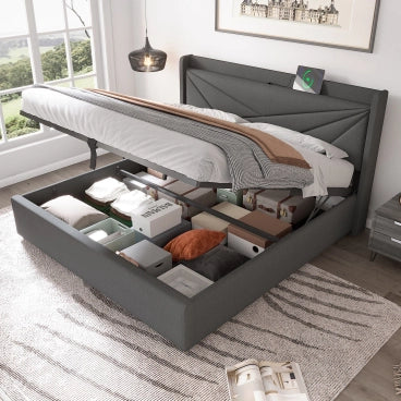 Letto 140x200 con cassetto - Xylo - USB-C, tessuto lino
