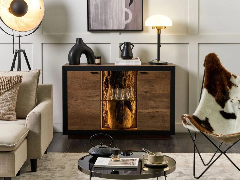 Credenza LED in legno chiaro nero 120 x 42 cm MDF con 2 ante e mensole soggiorno camera da letto rustico