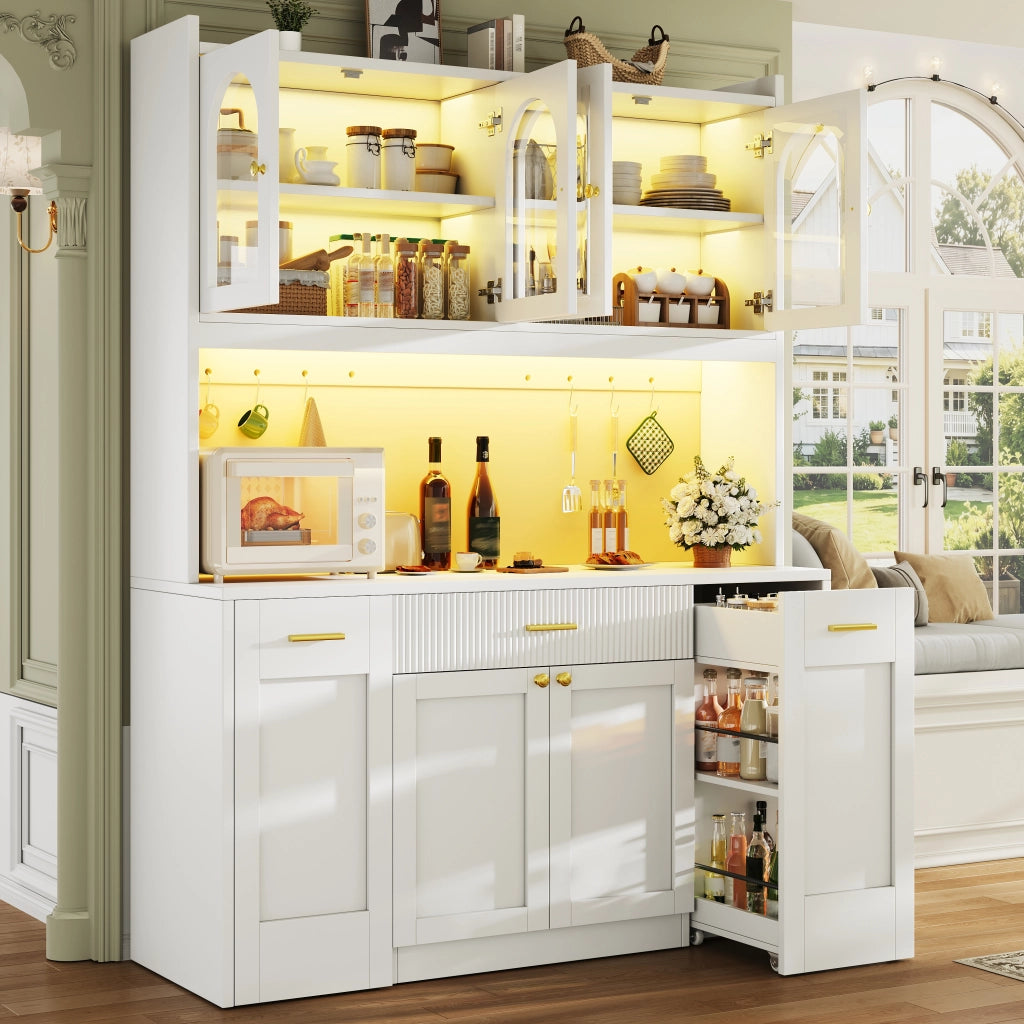 Credenza con 3 vetrine; LED RGB e vani scorrevoli - per cucina - 120x40x187 cm - bianco