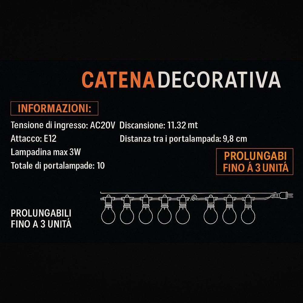 Cordoniera LED 9,8m con 10 Lampadine G40 a Luce Calda E12, Prolungabile per Esterni, Giardino, Eventi, Ristoranti - Lampadina Omaggio Inclusa