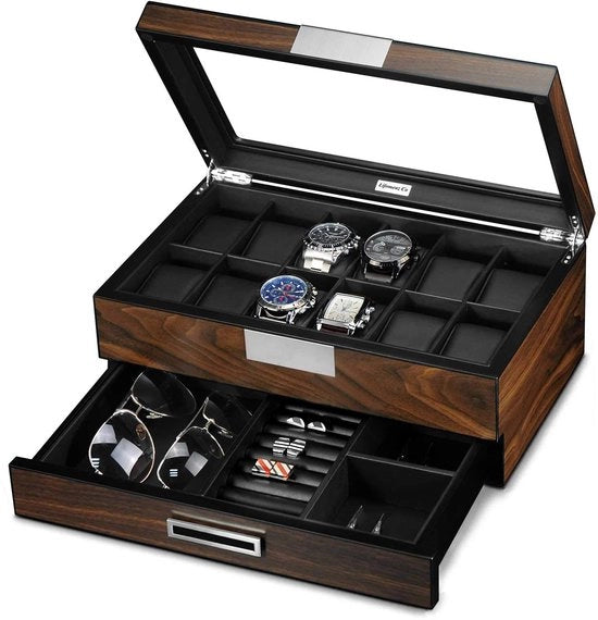 Cassettiera in Legno per Orologi con Porta, 12 Compartimenti, Vetrina per Orologi, Grande, Organizzatore Accessori con Finestra in Vetro Reale, Noce