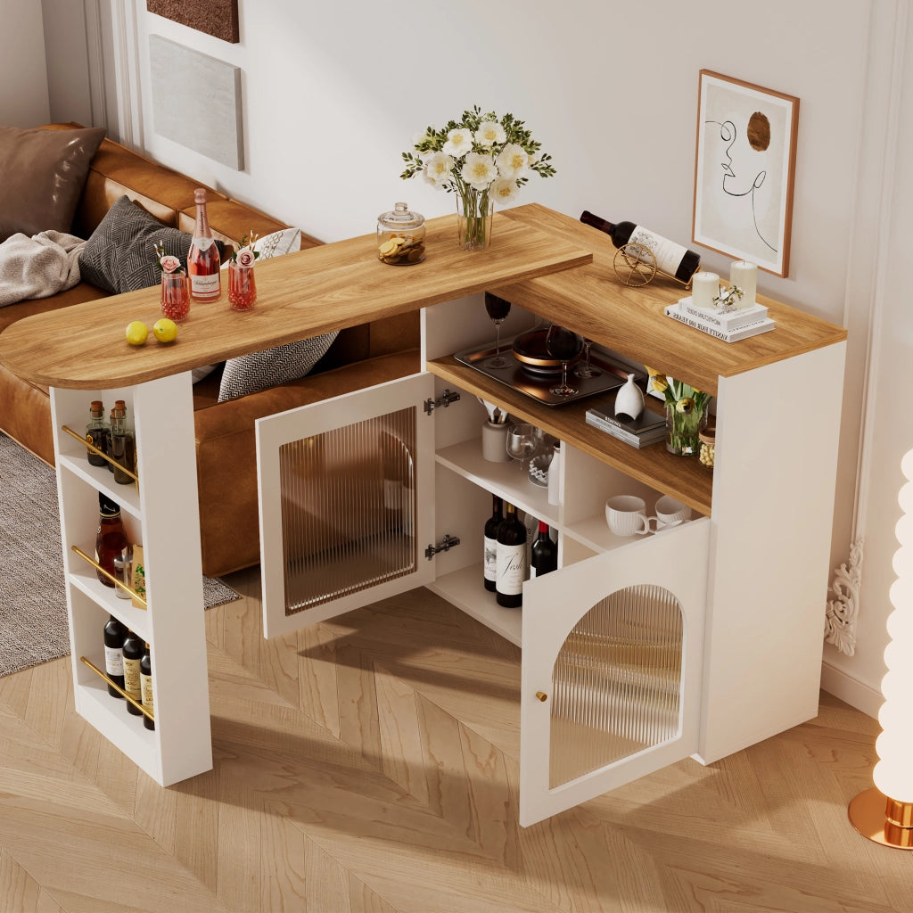 OKWISH Tavolo Estensibile con Ripiani Portaoggetti, Rotazione 360 e LED, per Sala da Pranzo, MDF, Bianco, 138-193 x 39 x 105 cm