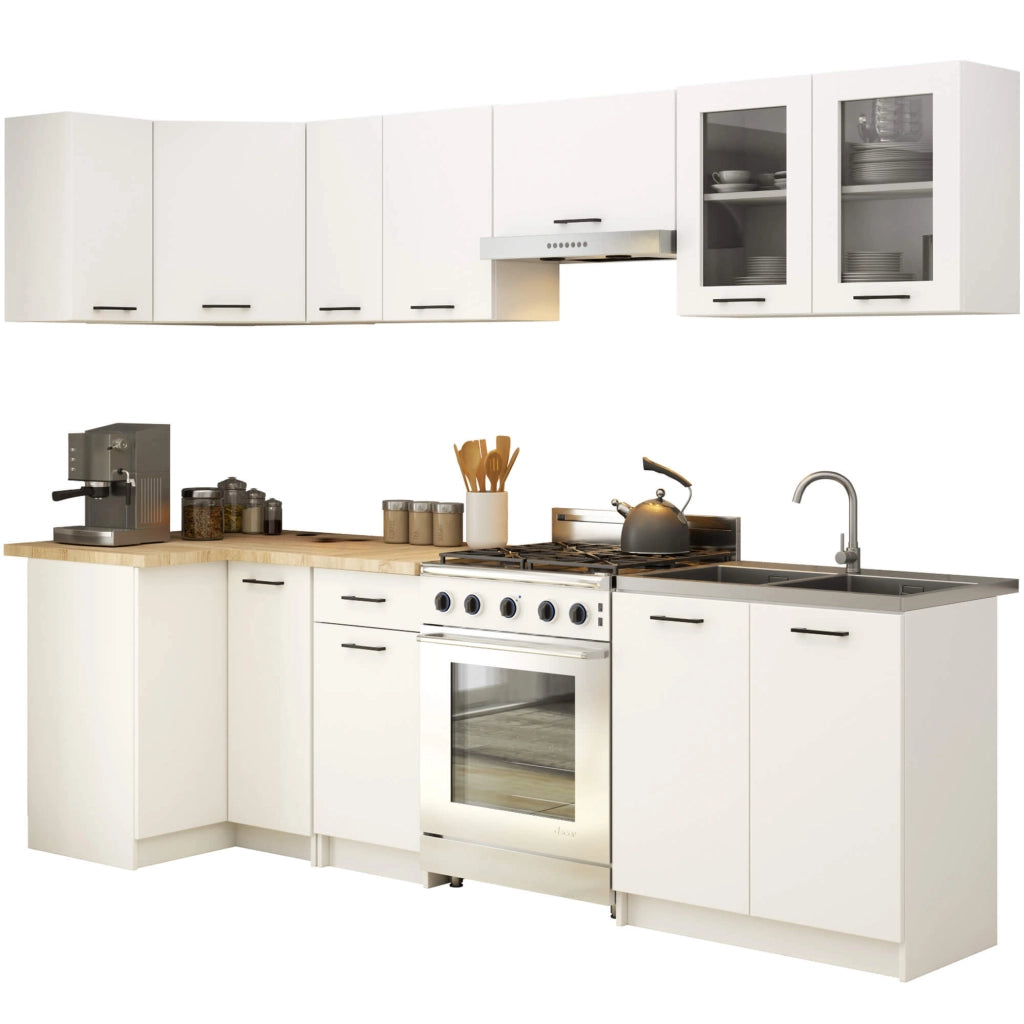 Set da cucina con vetrina AKORD OLIWIA 3,0 m Bianco 300 cm 11 ante 1 cassetto frontale Bianco 300×46×203 cm
