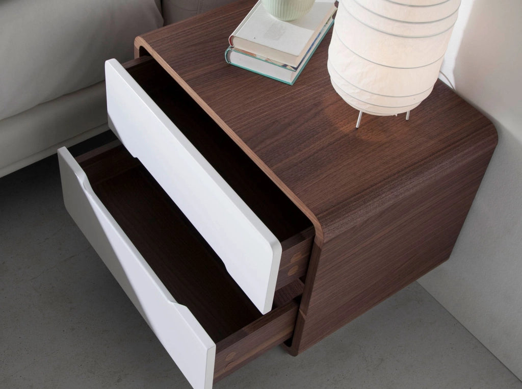Comodino legno bianco, noce e acciaio cromato