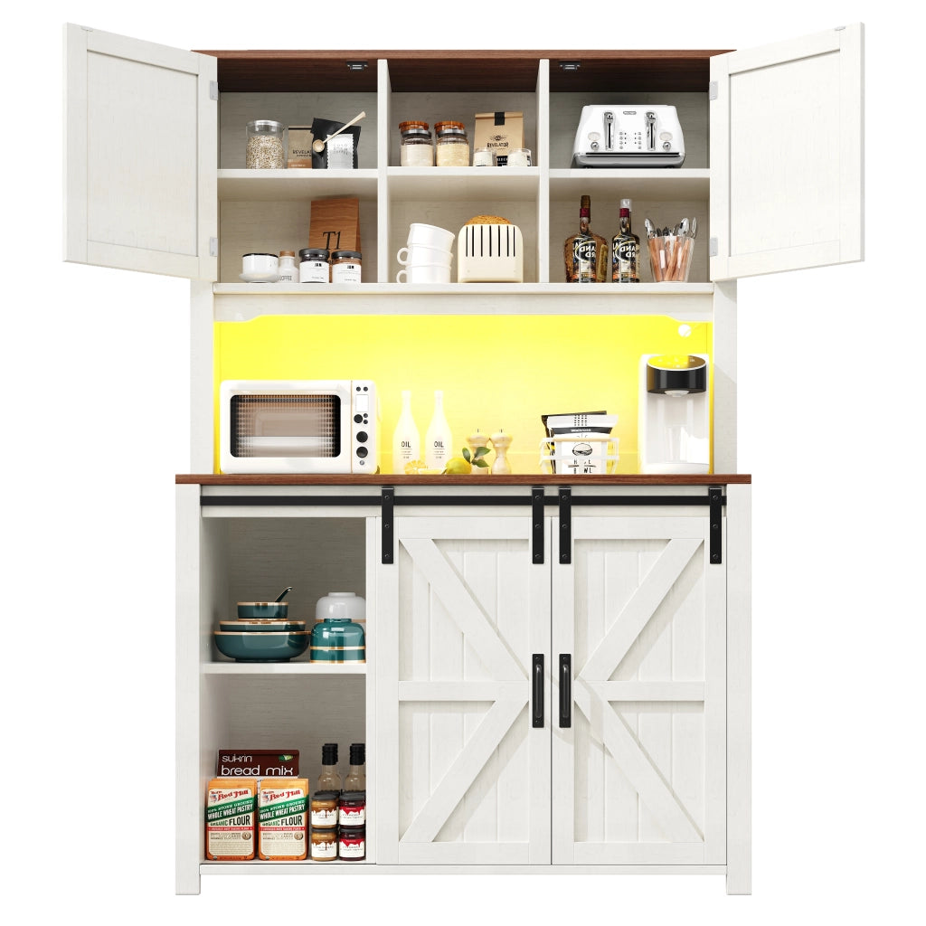 Credenza Alta da Cucina con Ante Scorrevoli; Vano Aperto; 2 Cassetti e LED; in MDF e Metallo; 115 x 40 x 174;7 cm; Bianco