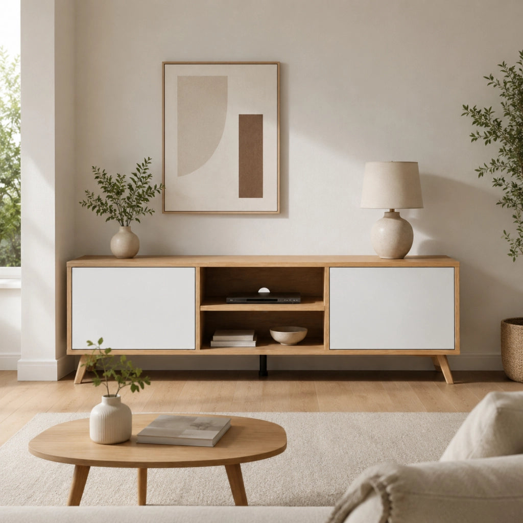Mobile Porta TV Scandinavo Con 2 Ante Battenti Ripiani Centrali Aperti Gambe Moderne Per Televisori Fino A 75 Pollici Zona Living 180 X 39,6 X 49 Cm Bianco E Rovere