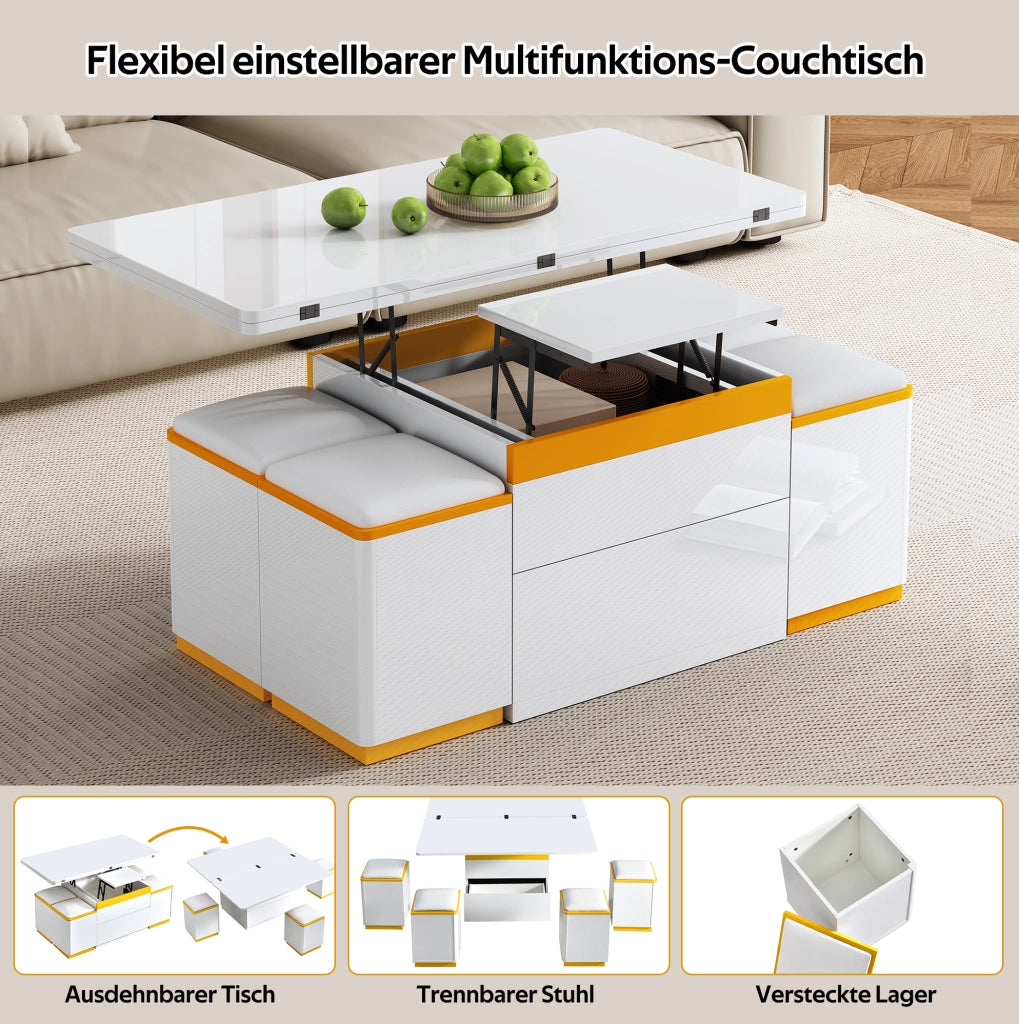 Tavolino da caffè trasformabile con 4 sgabelli contenitore 100x50x43 cm in MDF e truciolare bianco e giallo