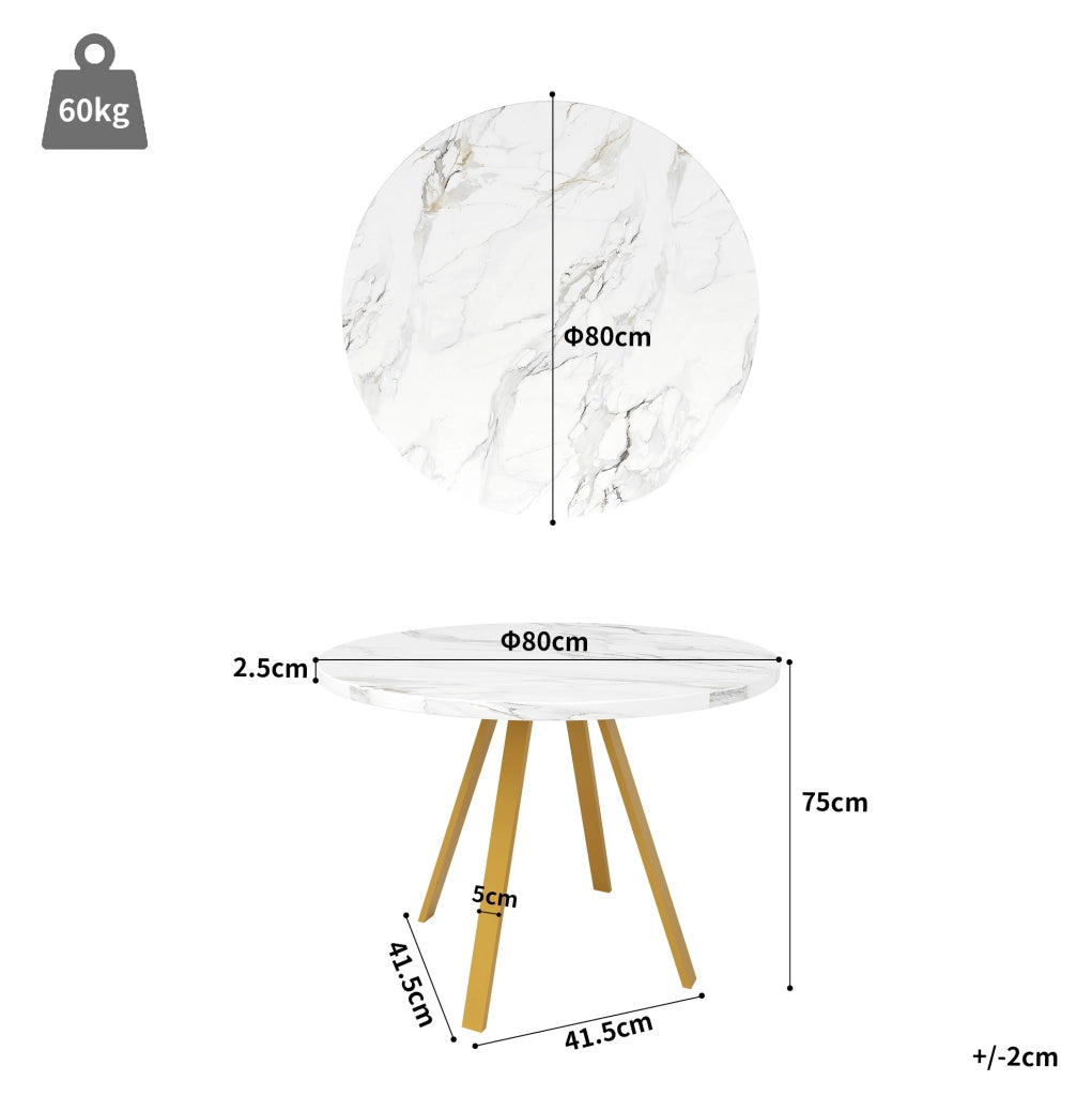 Set da pranzo 80x80x75 cm con 4 sedie; piano in MDF e gambe in ferro; bianco e oro