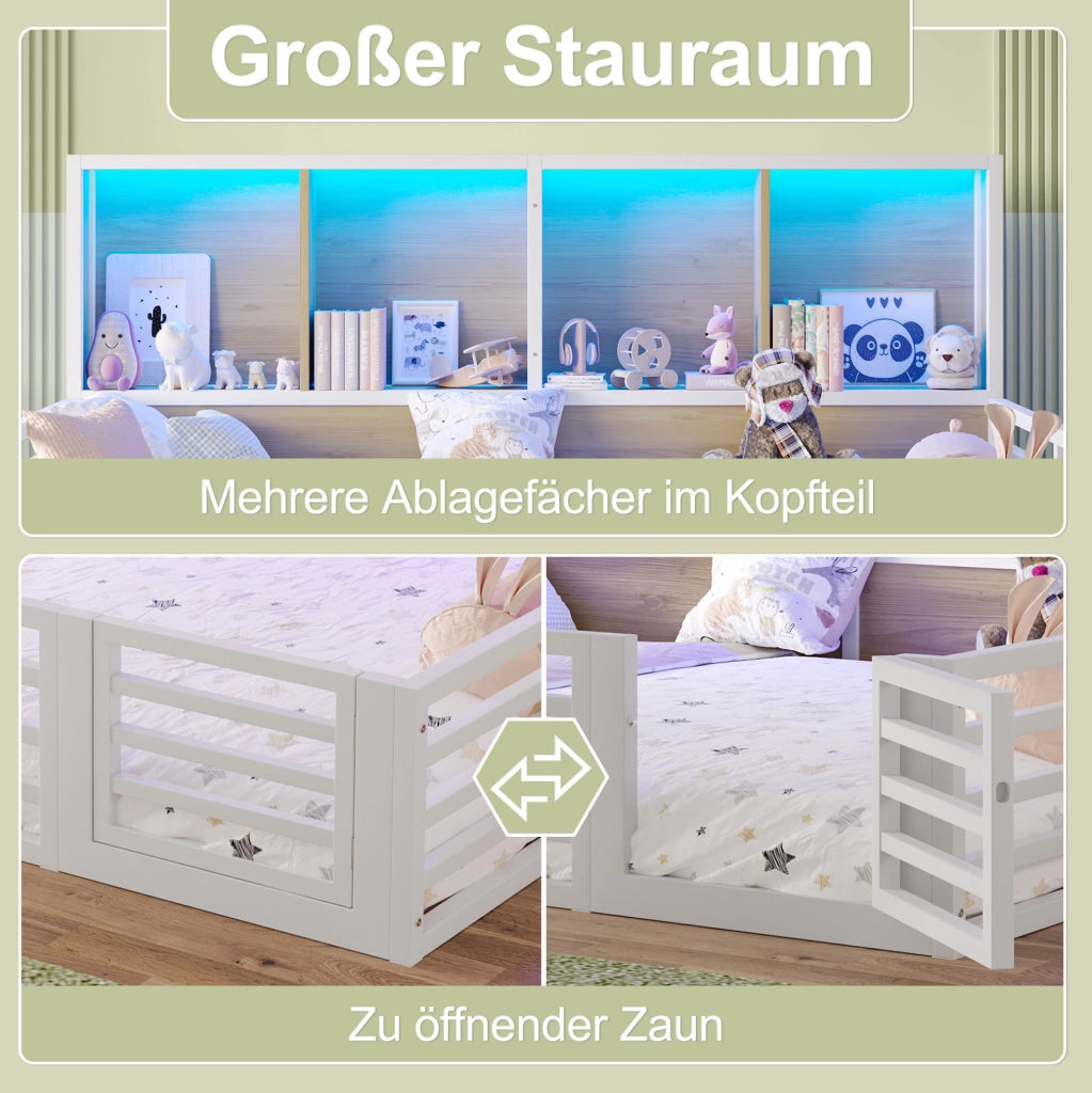 Letto 140 x 200 cm con sponda apribile; ripiani laterali e LED; MDF e metallo; bianco