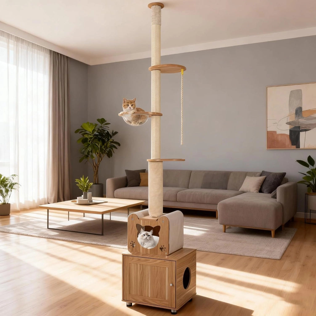 Tiragraffi alto a soffitto, altezza 256 – 275 cm, con armadietto per gatti, grotta, capsula stanza, colonna tiragraffi e corda in sisal, tenditore regolabile in altezza, albero da arrampicata