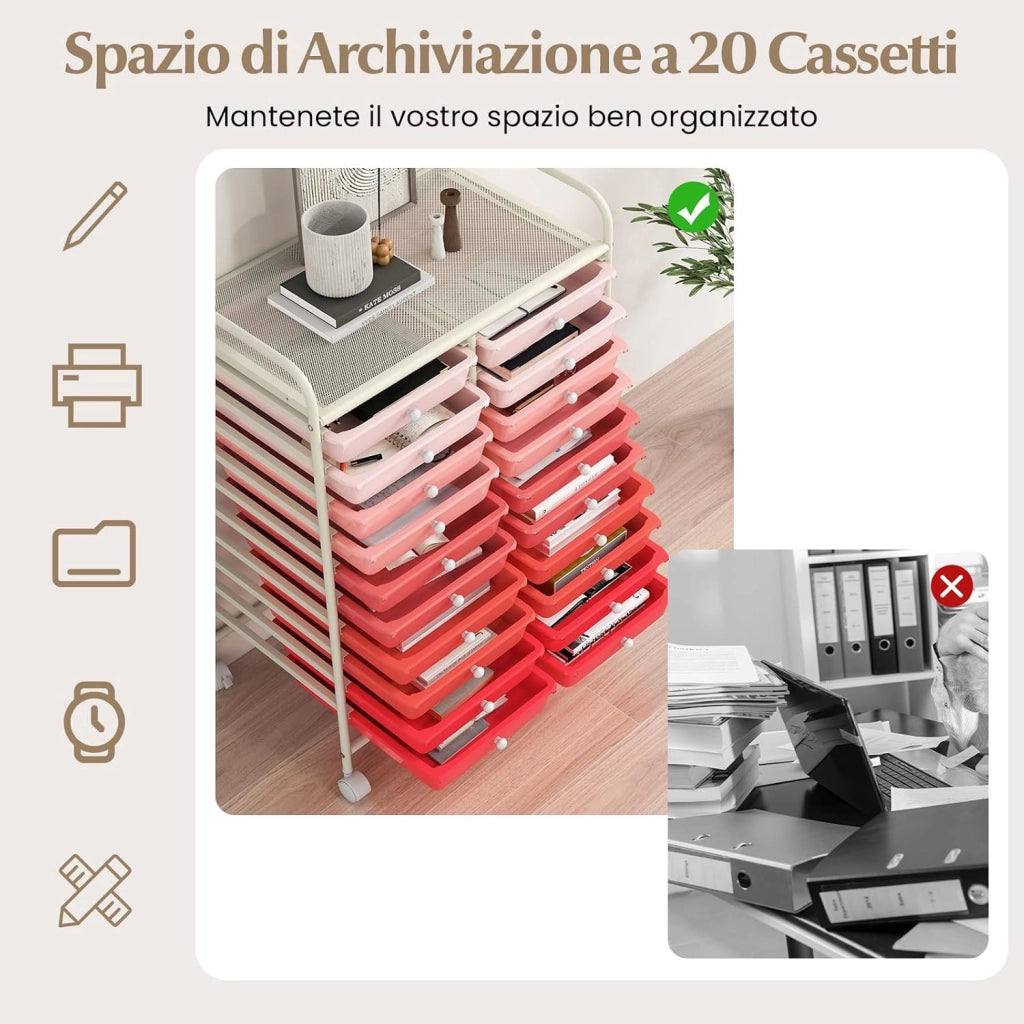 Carrello di Stoccaggio con 20 Cassetti, Carrello portaoggetti con 4 Ruote, Carrello Multiuso per Scuola Ufficio Cucina, 64 x 39 x 88 cm (Rosa)