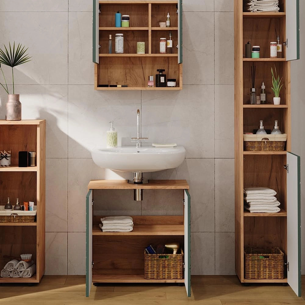 Set mobili bagno Irma, Quercia verde/oro, 4 pezzi, con colonna