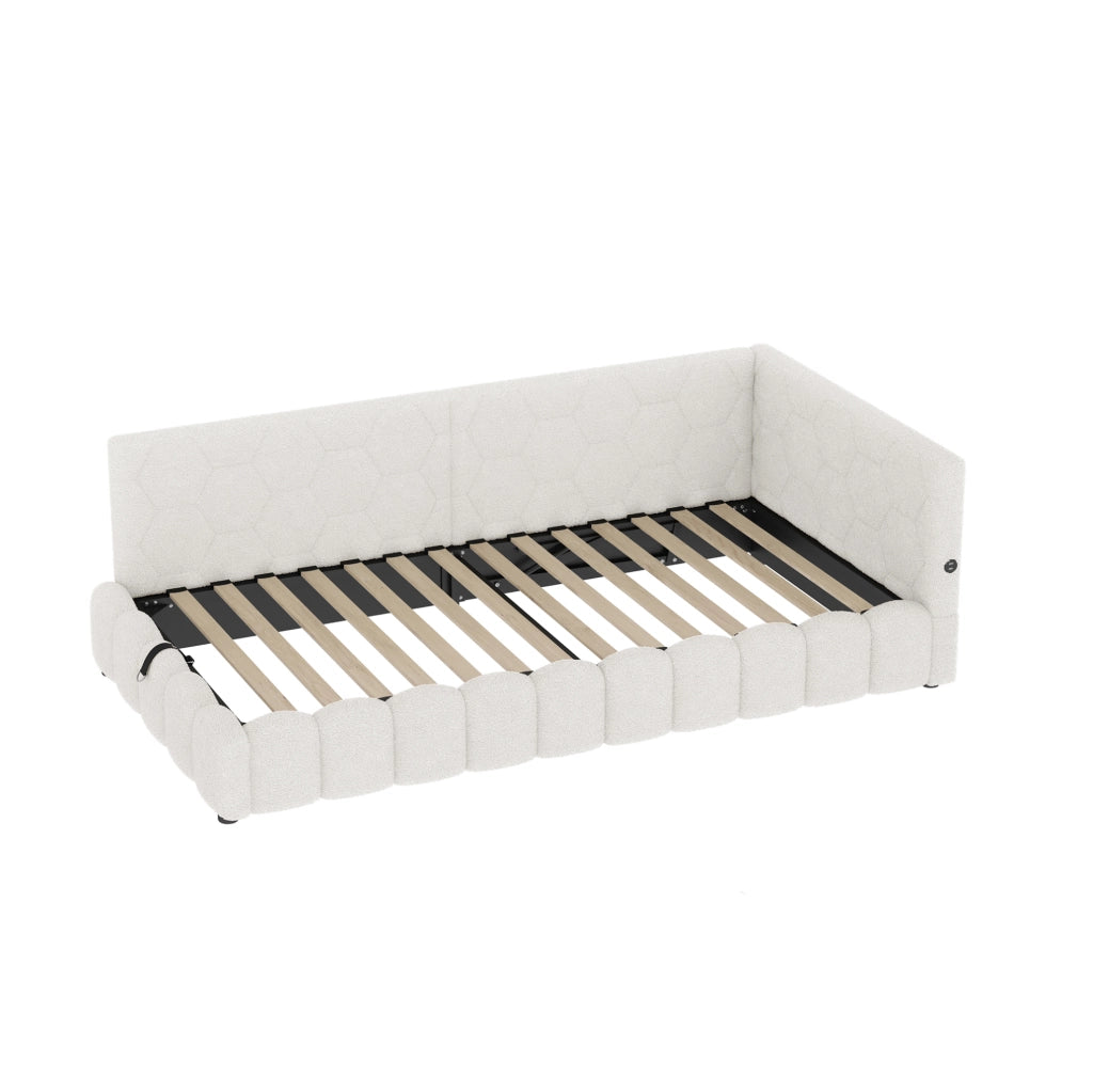 Letto daybed 90x200 cm con contenitore; LED; USB e Type-C; in Vliesimitat bianco