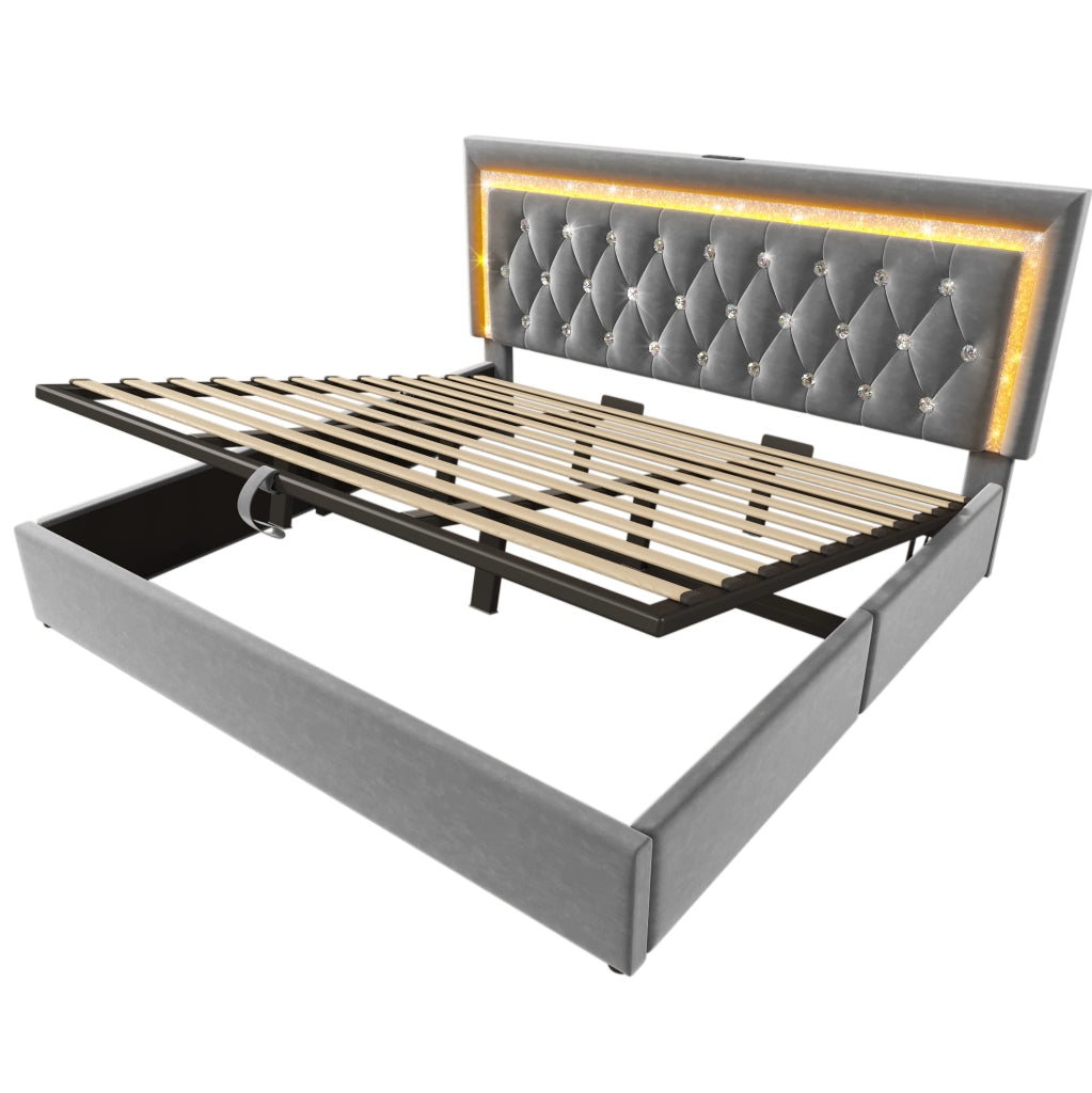 Letto matrimoniale 180x200 cm in velluto grigio con LED; USB e USB-C; contenitore idraulico