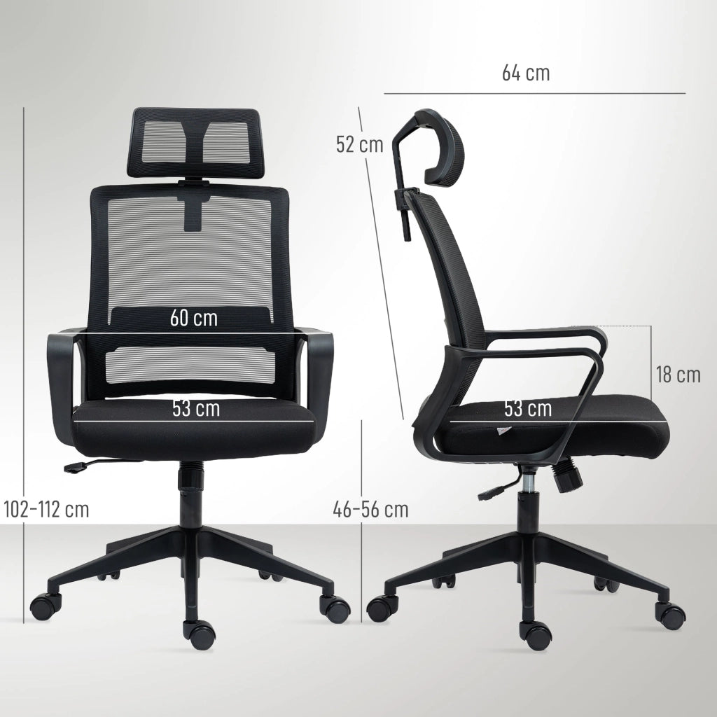 Sedia da Ufficio Ergonomica 60x64Px102-112H cm con Poggiatesta e Altezza Regolabili Nero