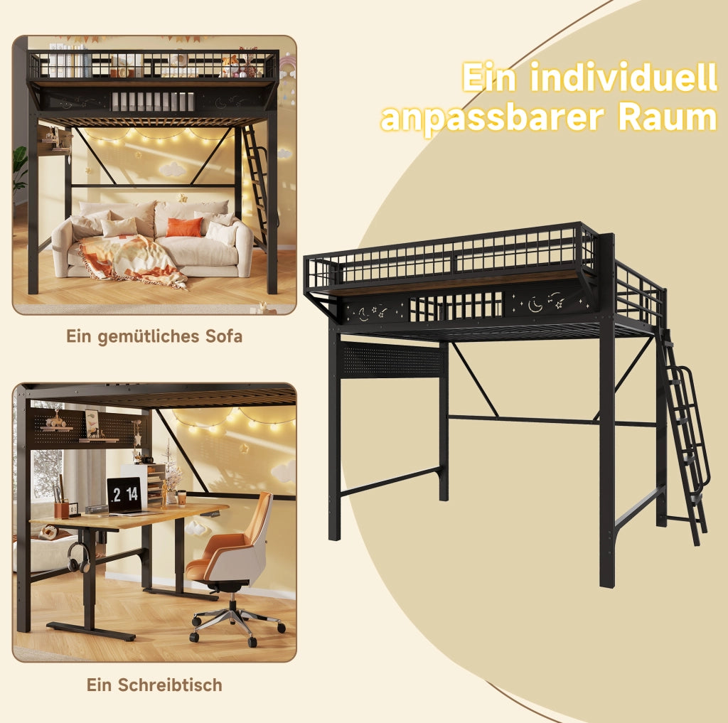 Letto a soppalco 140x200 cm in metallo nero con vani contenitore e scala reversibile