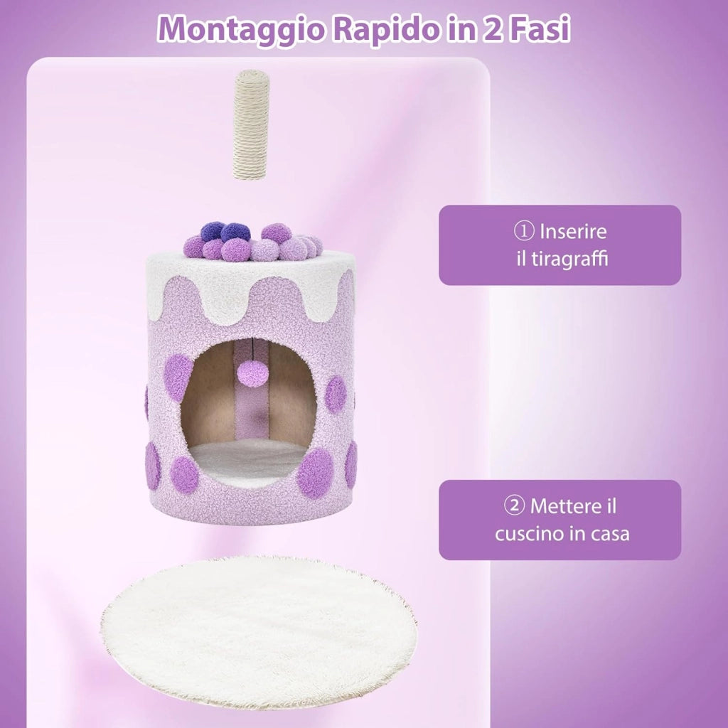 Cuccia per Gatti a Forma di Bubble Tea, Casetta per Gatti con Tiragraffi in Sisal e Palline Appese, Albero per Gattini da Interno, 37 cm x 37 cm x 67 cm (Viola e Bianco)