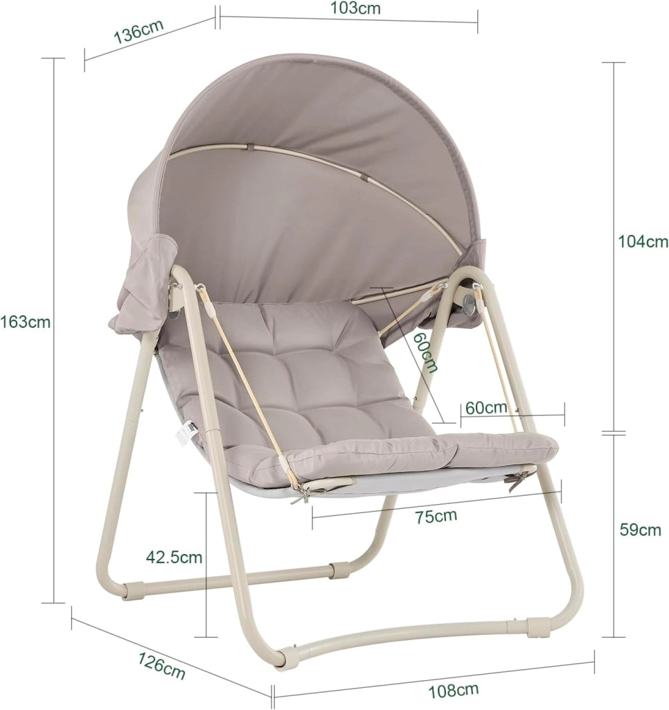 Dondolo da Giardino Poltrona Relax con Parasole Regolabile Amaca da Giardino Sedia a Dondolo per Esterni e Interni Poltrona Sospesa Beige 108x126x163 cm OGS62-MI