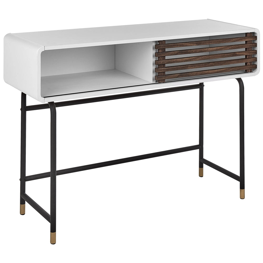 Tavolo consolle bianco con sportello scorrevole a lamelle in legno scuro stile rustico soggiorno ingresso camera da letto