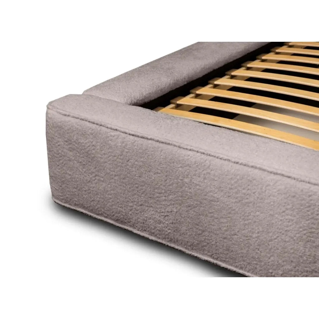 Lit coffre VELORA – Taupe rosato bouclé – 160x200 cm – Tessuto velluto morbido – Rete sollevabile – Contenitore integrato