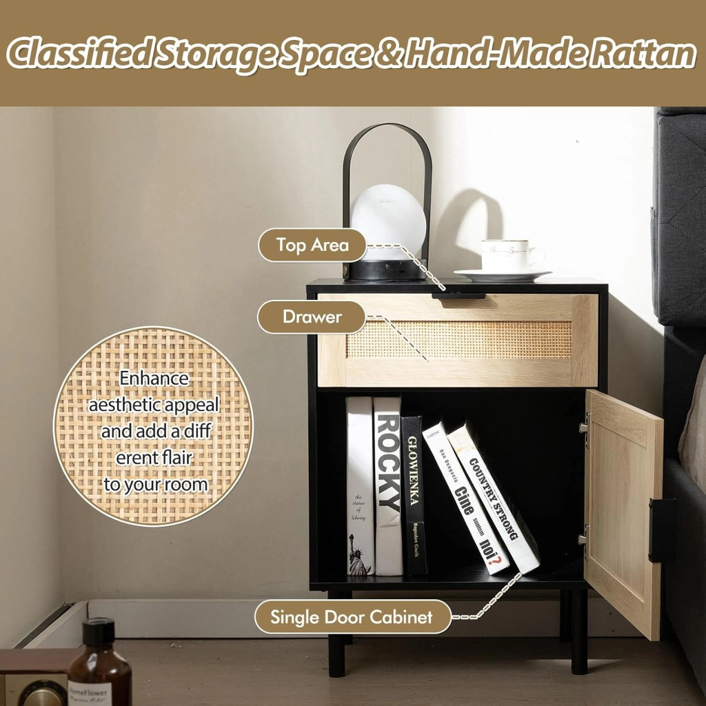 Set di 2 comodini con cassetto e anta in rattan, comodino con gambe in metallo, mobile camera da letto con armatura a porta, per soggiorno, ufficio, 45 x 30 x 59 cm, naturale (nero)
