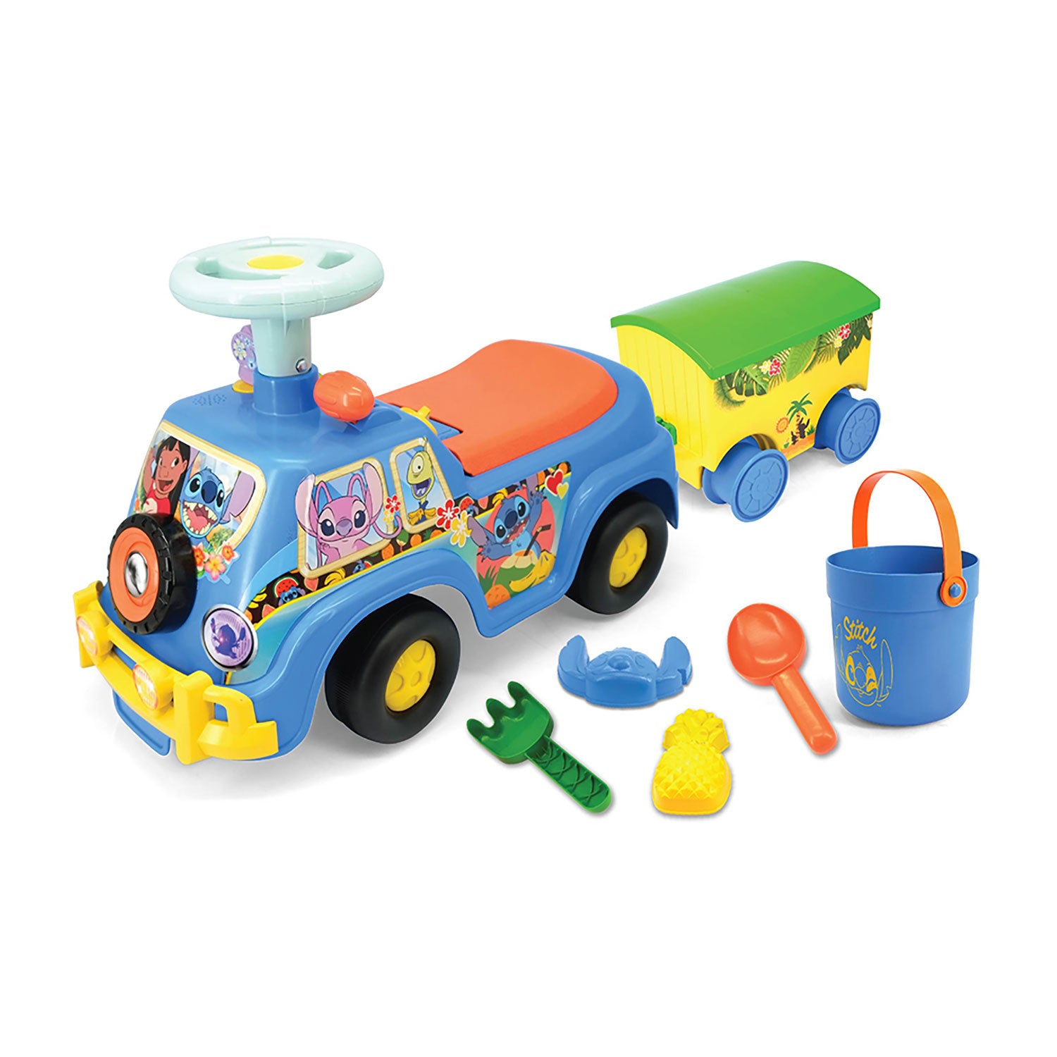 Camioncino con Rimorchio per Bambini Ride-On Disney Stitch e Accessori da Spiaggia Azzurro