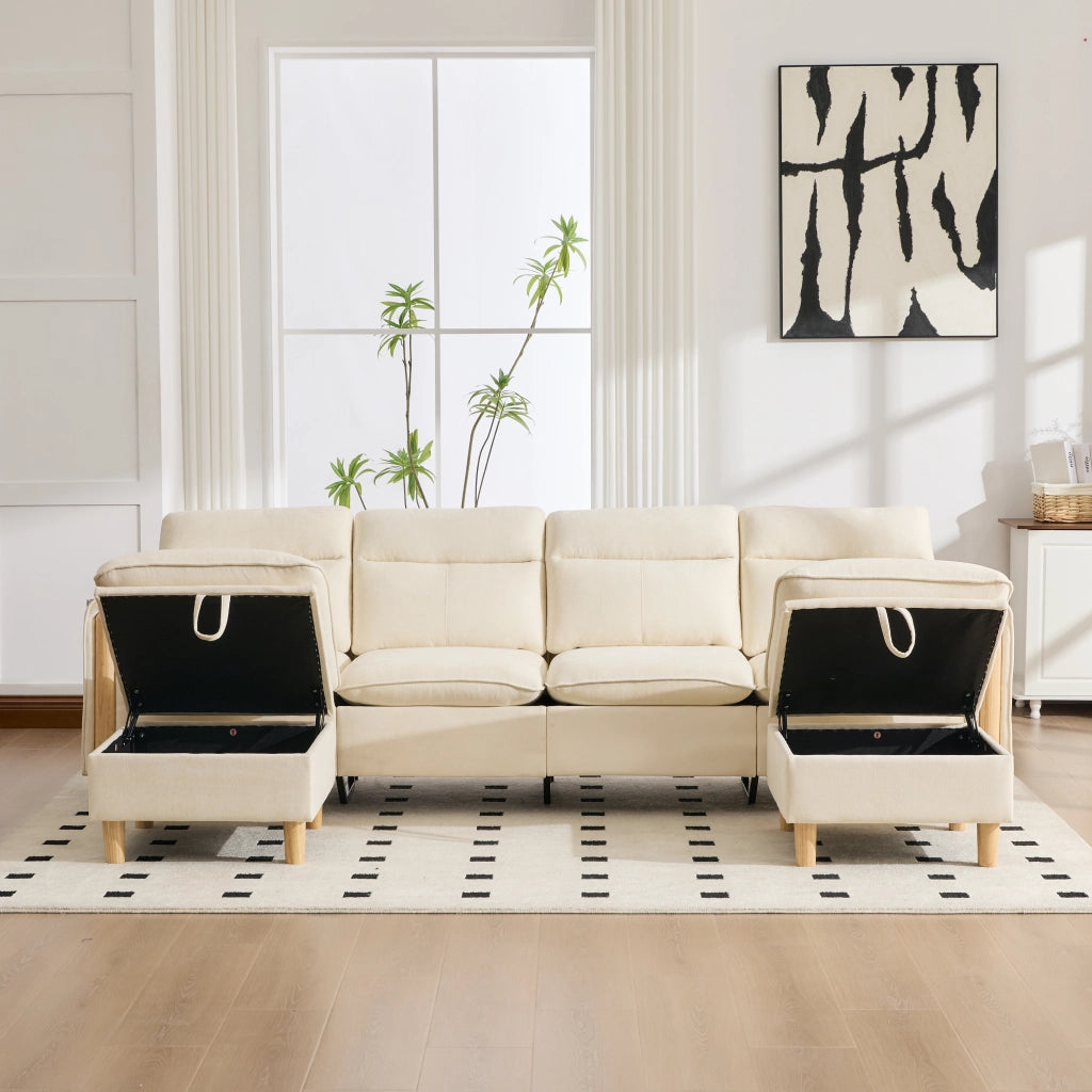Divano a U modulare per 4 persone con 2 pouf contenitore, tasche laterali e piedi in legno massello in ciniglia beige