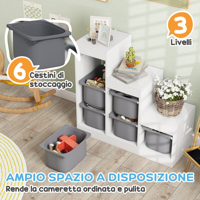 Scaffale Portagiochi per Bambini a 3 Livelli 6 Contenitori 96x38,5x90 cm Grigio