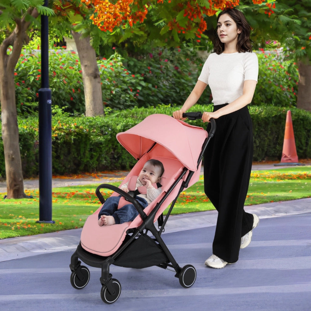 Passeggino leggero per bambini piegatura con una mano, Passeggino portatile con schienale reclinabile Rosa
