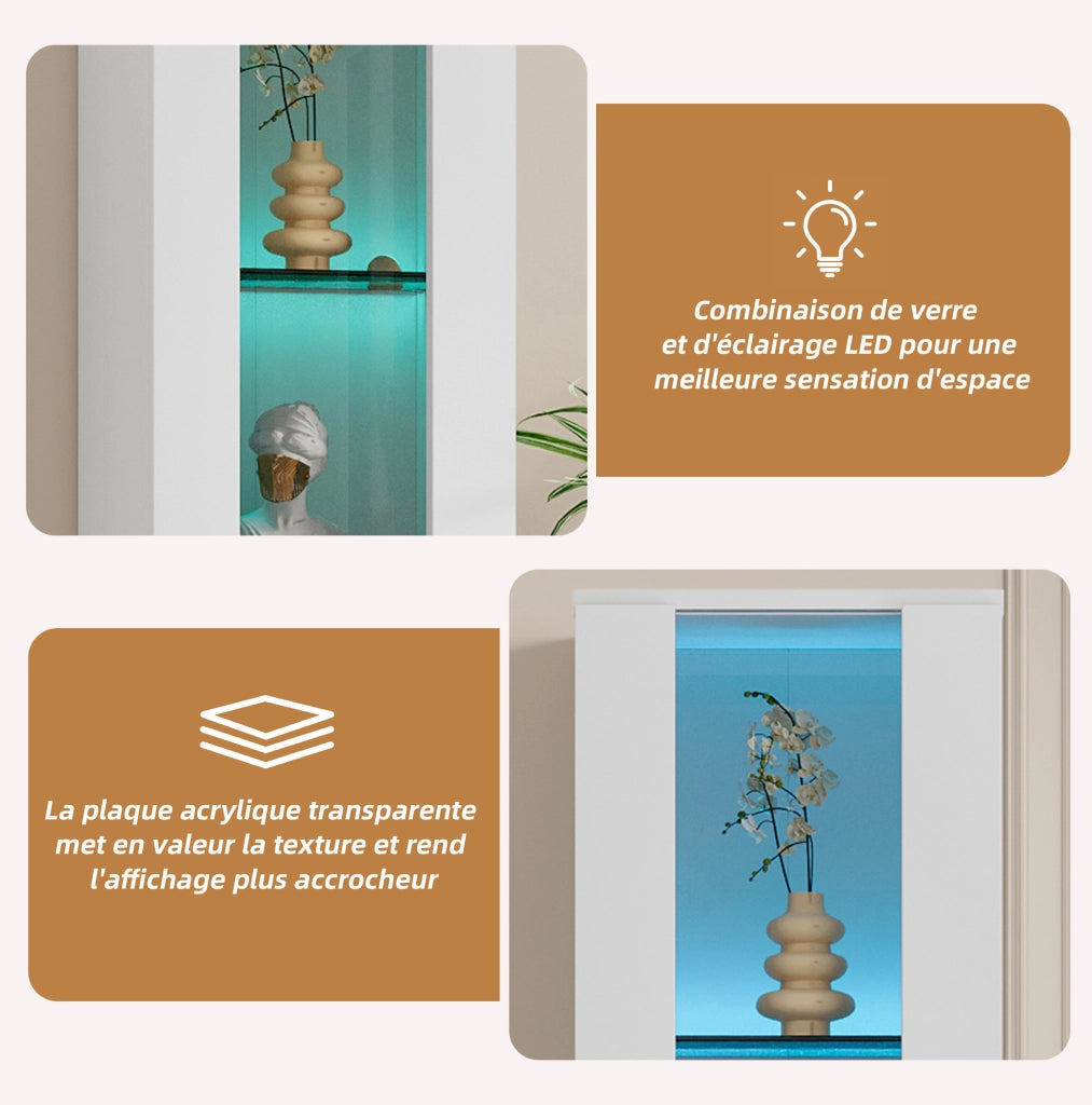 Vetrina multifunzione 40x29x170 cm con 4 ripiani; luce LED multicolore APP e vetro; bianca
