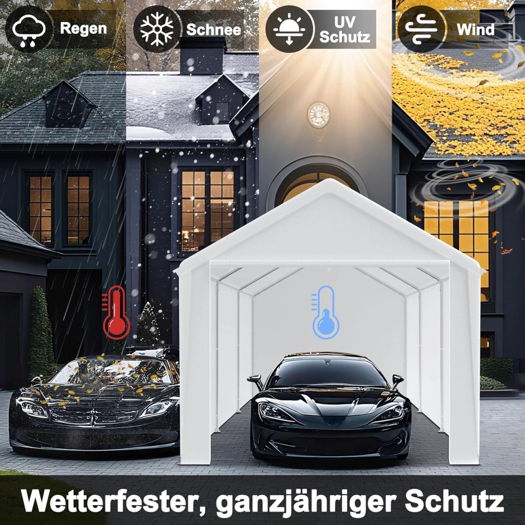 Carport, tenda da campeggio, 3 x 6 m, grande tenda da garage con pareti laterali rimovibili, resistente all'inverno, per auto, SUV, camion, bianco